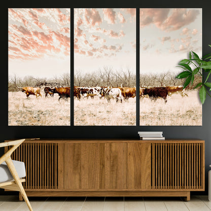 Cattle herd in a soft-toned field under a pastel pink sky, creating a peaceful rustic feel, perfect for farmhouse or western-themed spaces.