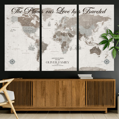 88245481-MGV-CV-36X24-Custom Push Pin World Map Wall Canvas Print – Personalized Travel Tracker with Pins – Framed Large Multi-Size Canvas for Home Office Decor