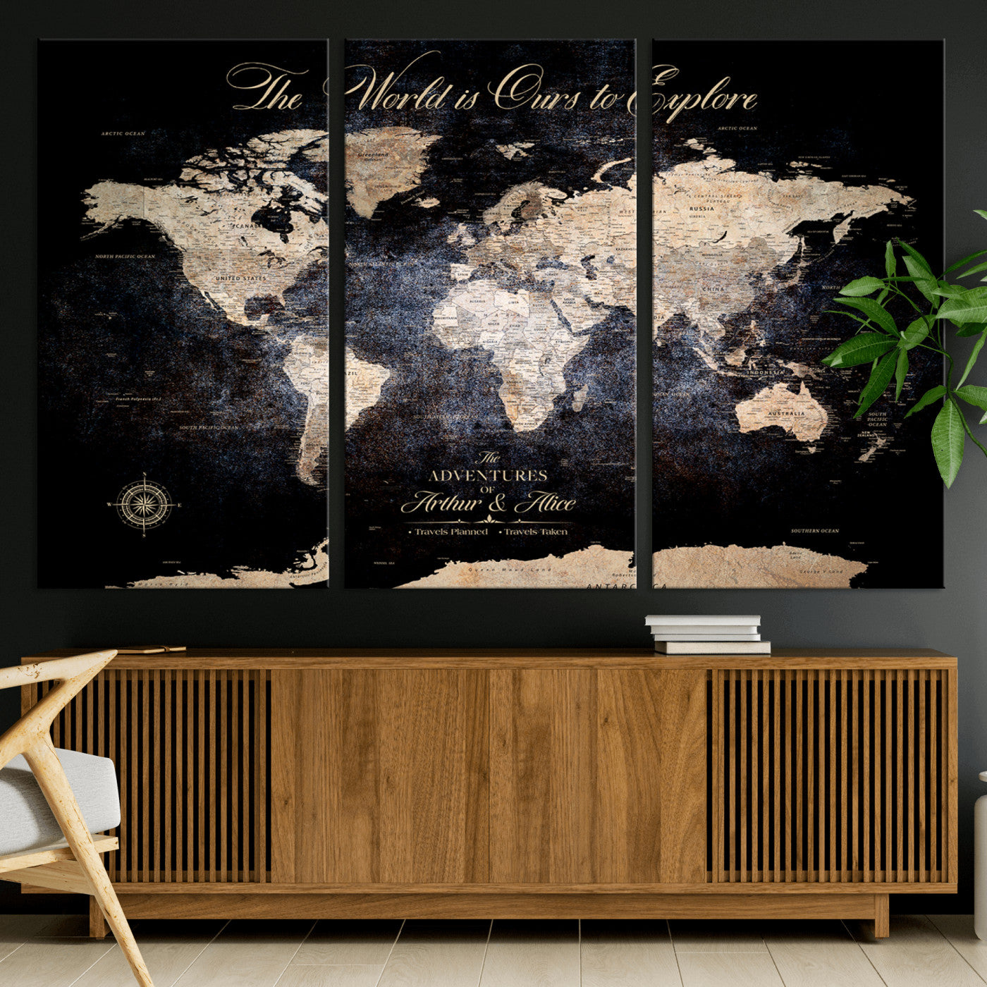 '-Customize Push Pin World Map Wall Canvas Print, Personalized Travel Tracker with Pins, Framed Large Canvas for Home Office Decor - H37