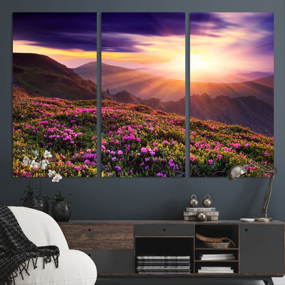 -Mountain Sunrise Wall Art – Vibrant Floral Landscape Canvas Print, Nature Home Decor for Living Room, Bedroom Office or Cabin