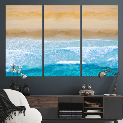 -Aerial Beach Wall Art – Serene Ocean Waves & Sandy Shore Canvas Print, Coastal Home Decor for Living Room, Bedroom or Office
