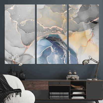 -Abstract Fluid Art Wall Decor – Blue, Gray & Gold Canvas Print, Modern Home and Office Wall Art Decor for Living Room, Bedroom or Workspace