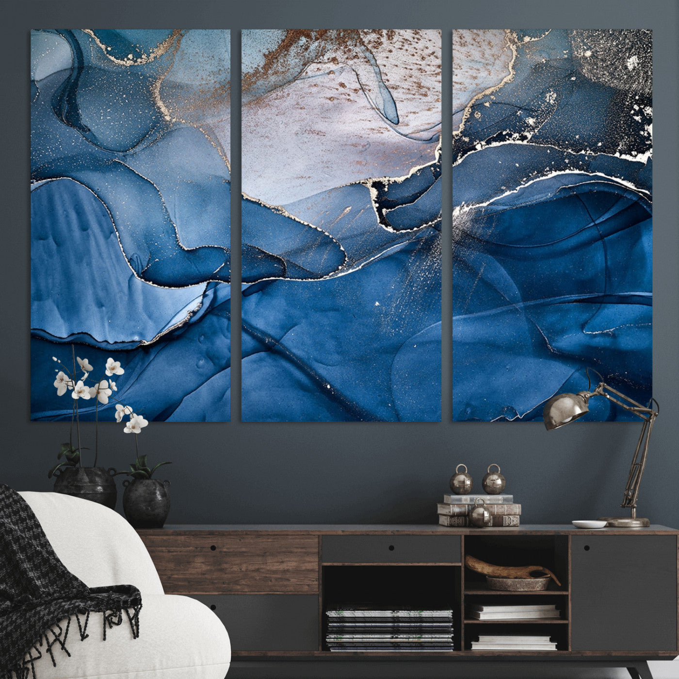 -Abstract Blue Gold Fluid Art Wall Decor – Modern Canvas Print, Elegant Home & Office Wall Art, Stylish Living Room or Bedroom Decoration