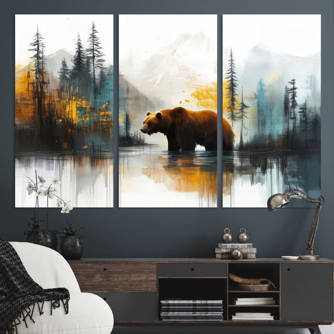 A majestic bear stands by the serene waters of a misty forest, surrounded by towering trees and distant mountains, evoking the raw beauty and wild spirit of nature.