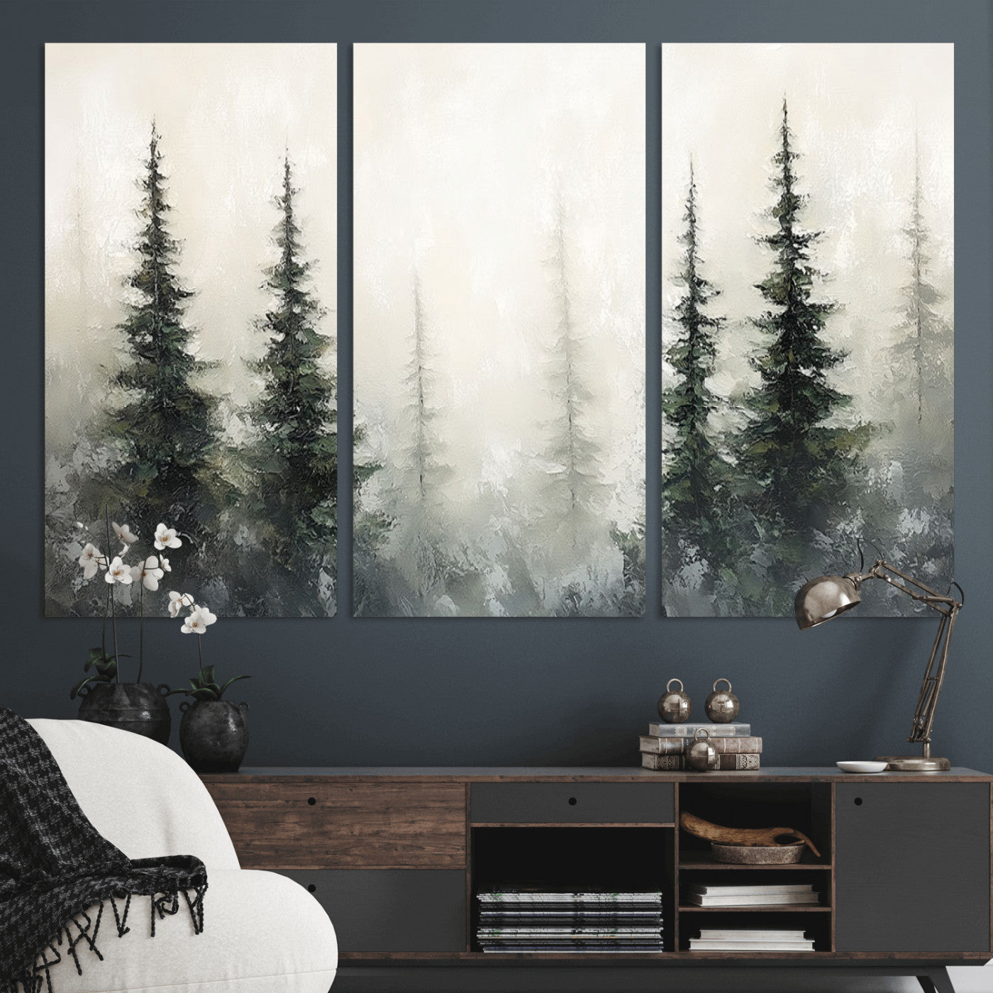 Soft and misty pine forest painting in neutral earthy tones, ideal for calm woodland or minimalist rustic home decor.