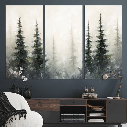 Soft and misty pine forest painting in neutral earthy tones, ideal for calm woodland or minimalist rustic home decor.