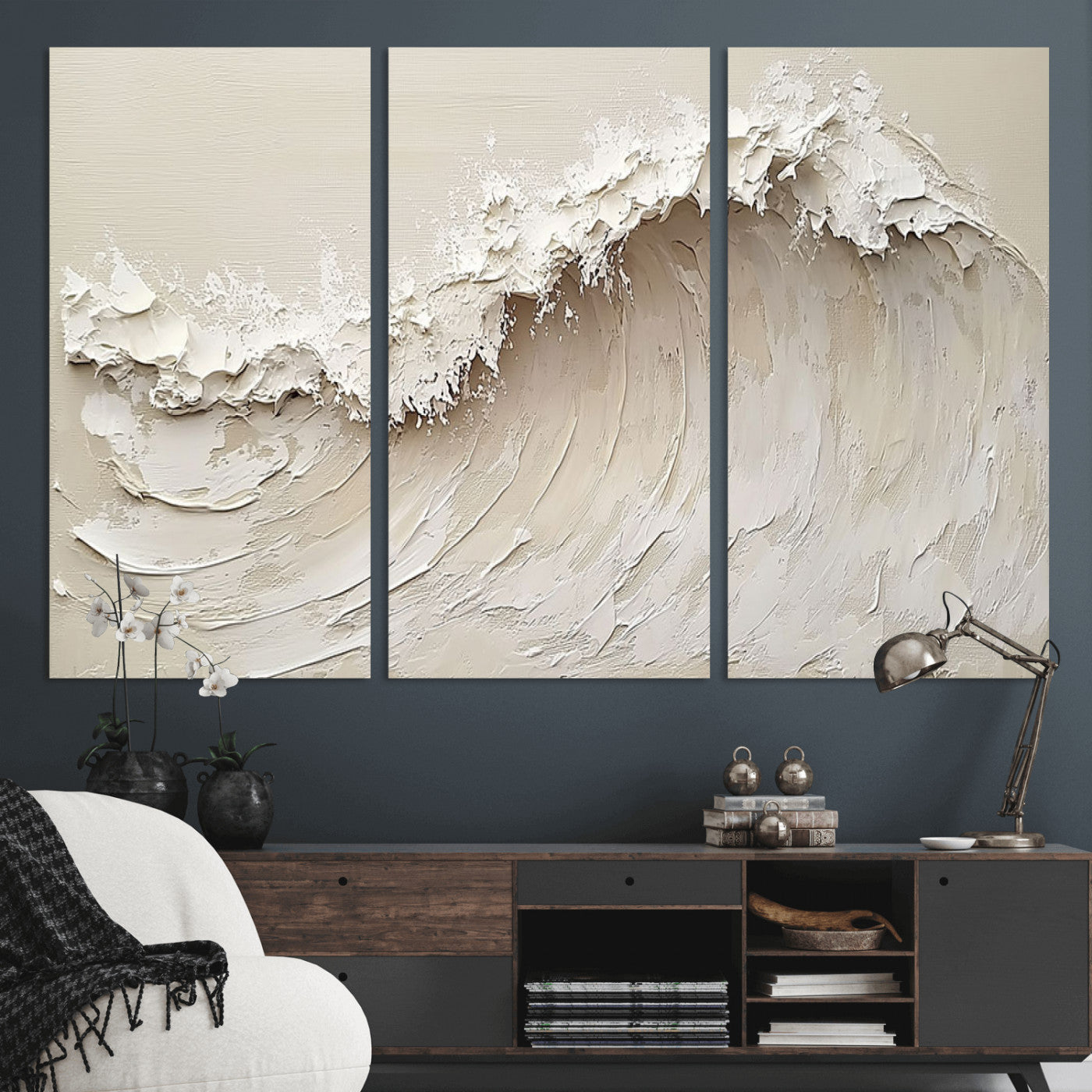 Textured canvas of an abstract white ocean wave in neutral tones, ideal for modern coastal or minimalist home decor.