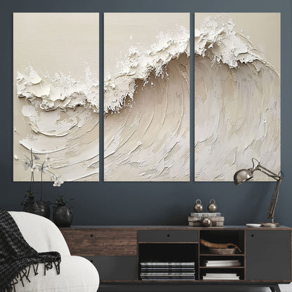 Textured canvas of an abstract white ocean wave in neutral tones, ideal for modern coastal or minimalist home decor.