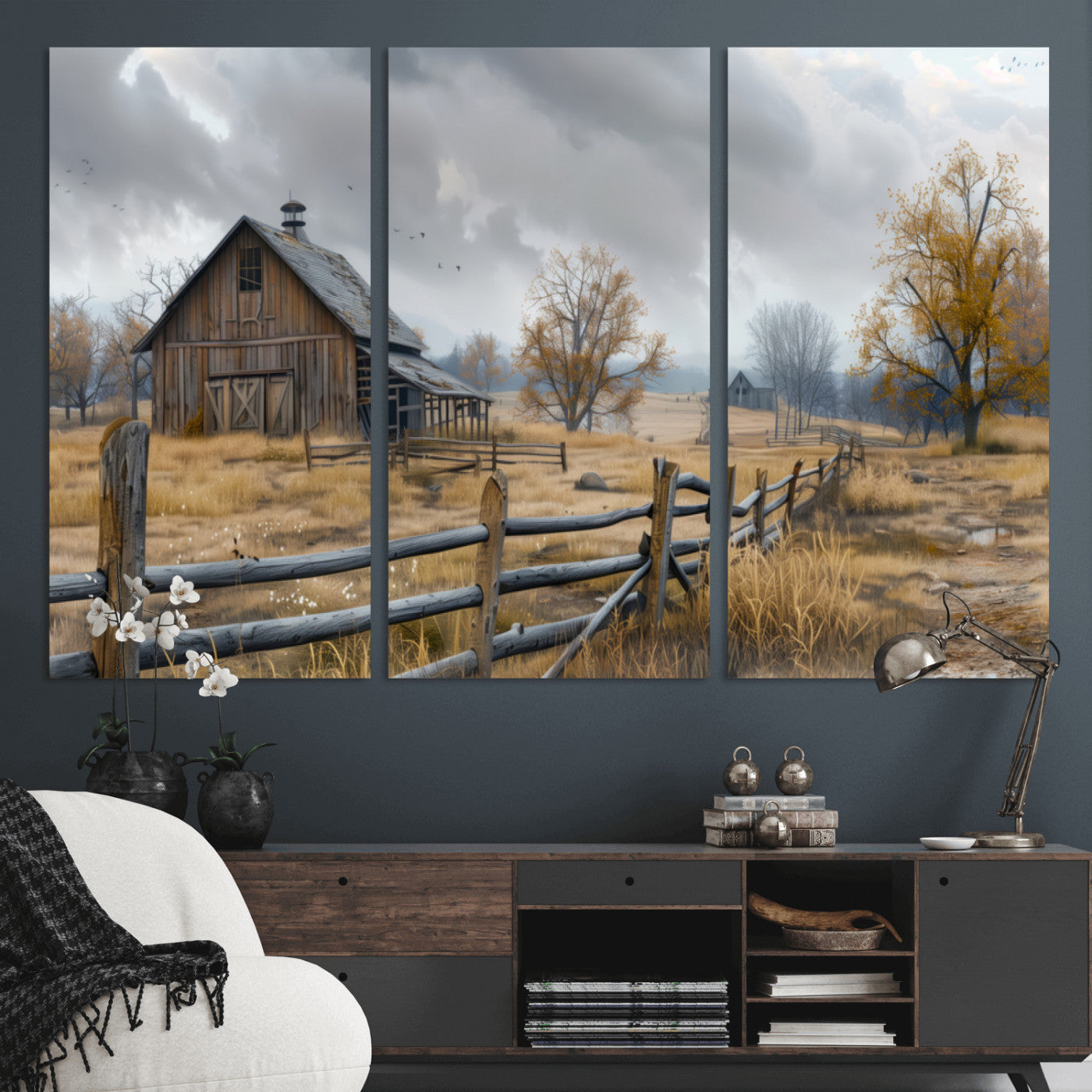 A tranquil rural scene featuring a rustic barn, overcast skies, and golden fields with scattered trees, evoking a sense of peaceful solitude in nature.
