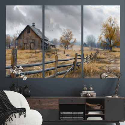 A tranquil rural scene featuring a rustic barn, overcast skies, and golden fields with scattered trees, evoking a sense of peaceful solitude in nature.
