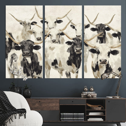 Canvas of a Texas Longhorn cattle herd in neutral black and white tones, ideal for rustic farmhouse or western-themed decor.