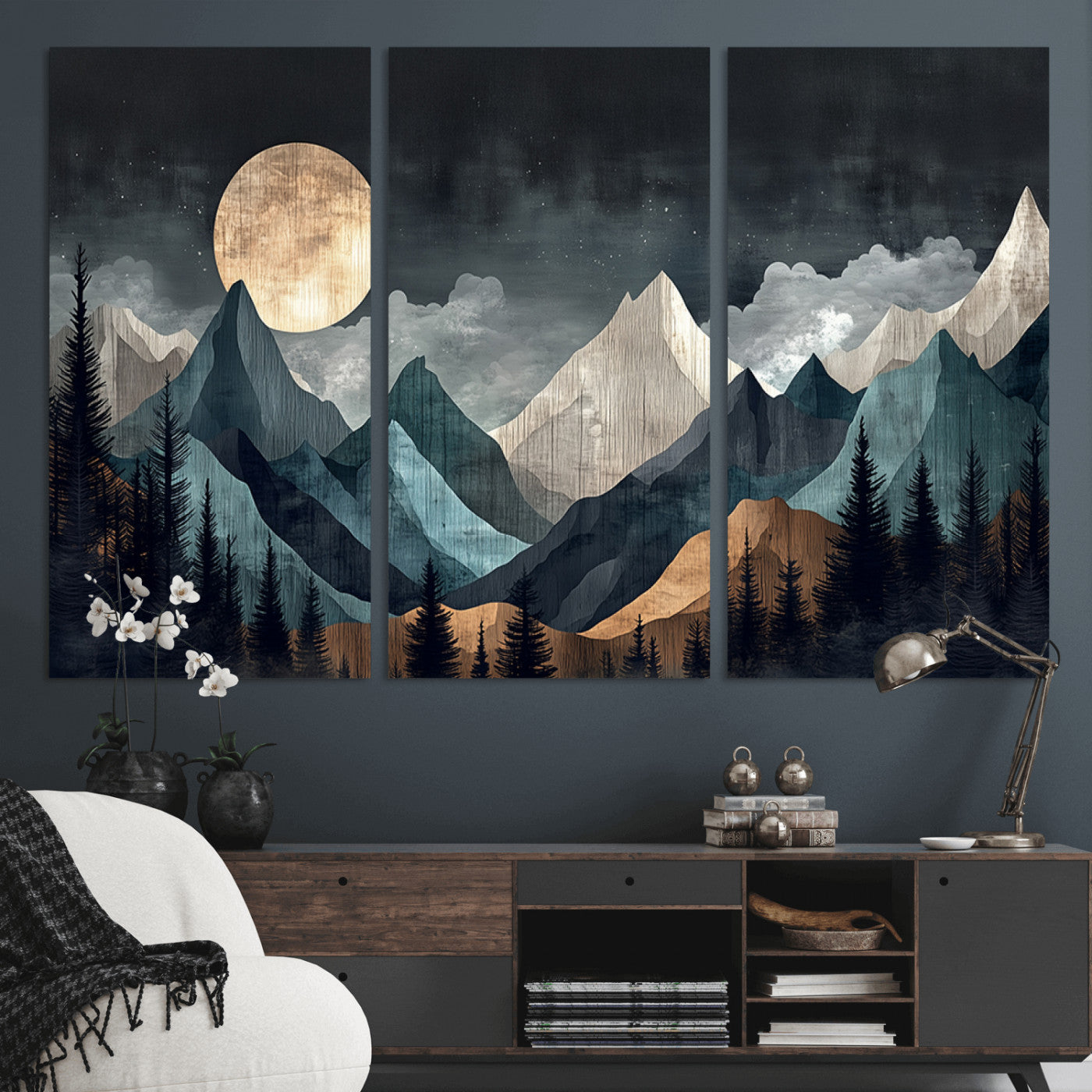 Stylized canvas of layered mountains under a full moon in neutral moody tones, ideal for nature-inspired or modern rustic interiors.