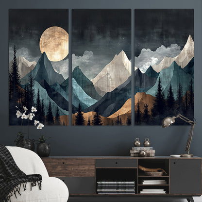 Stylized canvas of layered mountains under a full moon in neutral moody tones, ideal for nature-inspired or modern rustic interiors.