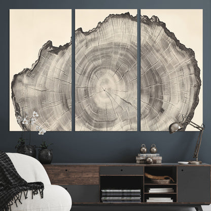 Detailed tree ring drawing in monochrome tones, ideal for rustic or nature-inspired interiors with a minimal decor aesthetic.