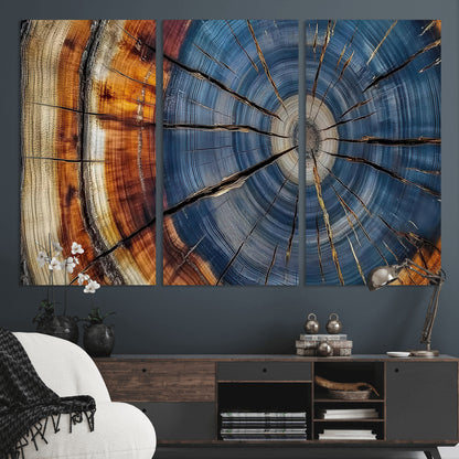 A stunning close-up view of a tree trunk, showcasing the intricate growth rings in a vibrant mix of warm browns, cool blues, and hints of natural texture.
