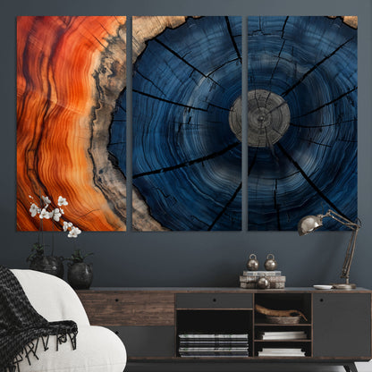 A captivating close-up of a tree trunk, showcasing its concentric rings in rich shades of blue, orange, and brown, highlighting the organic patterns of natural wood.