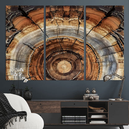 Canvas of tree rings and natural wood grain in earthy tones, ideal for rustic or vintage-inspired home decor with organic textures.