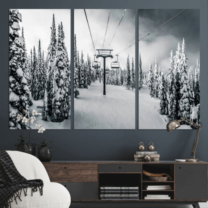 Canvas of a snowy ski lift scene through a forest of tall pine trees, ideal for moody winter or alpine-themed home decor.