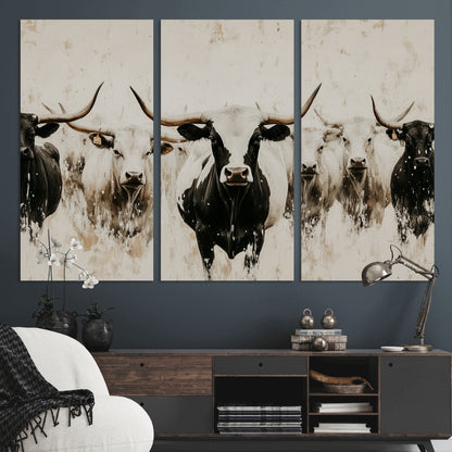 Illustrated herd of longhorn cattle in black and white tones with a neutral textured background, perfect for rustic or farmhouse-style decor.