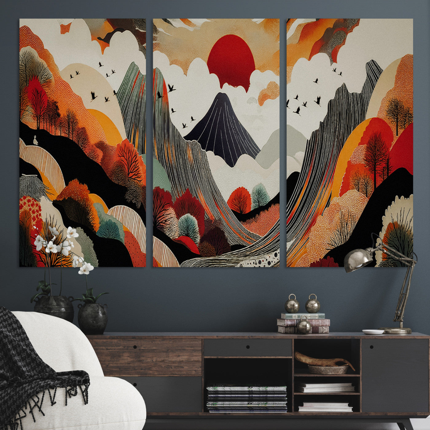 Abstract Mountain Wall Art Canvas Print, Vibrant Landscape Print, Framed Stylized Nature Drawing Art Print, Large Sunset Mountains Printing Perfect for Contemporary Minimalist Decor