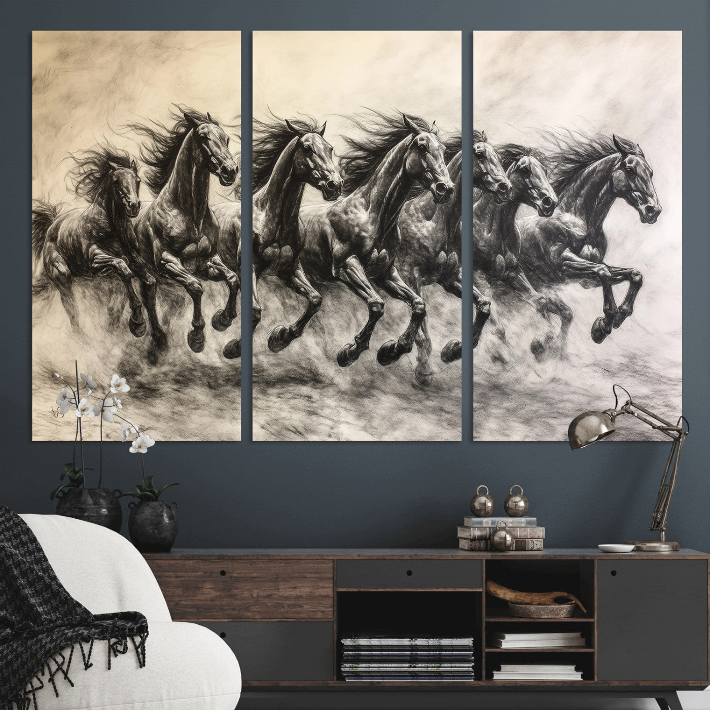 Monochrome drawing of a herd of galloping horses, perfect for dynamic and wild-themed decor in any equestrian or nature-inspired room.