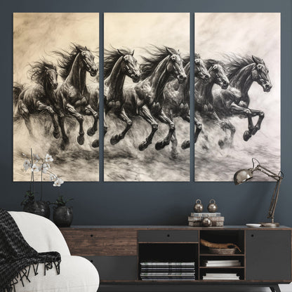 Monochrome drawing of a herd of galloping horses, perfect for dynamic and wild-themed decor in any equestrian or nature-inspired room.