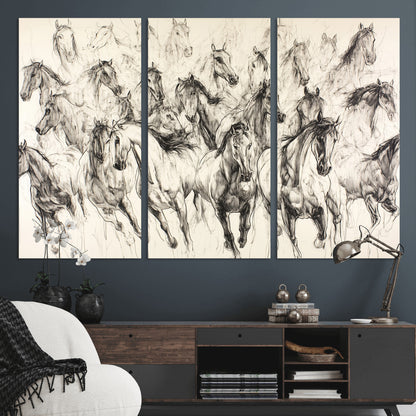 Monochrome ink sketch of galloping horses in dynamic motion, perfect for western or equine-themed wall decor with bold artistic energy.