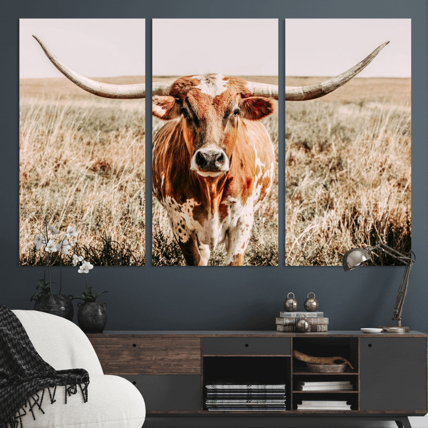 Framed longhorn cow canvas wall art with rustic prairie background, western animal print perfect for farmhouse or ranch style decor