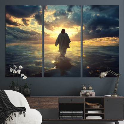 Spiritual artwork of Jesus walking on water at golden hour with divine light, ideal for Christian home decor or prayer room.