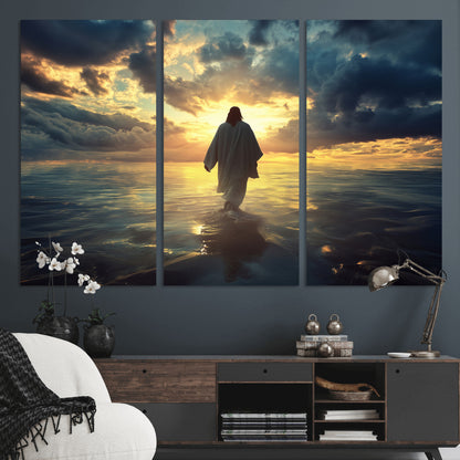 Spiritual artwork of Jesus walking on water at golden hour with divine light, ideal for Christian home decor or prayer room.