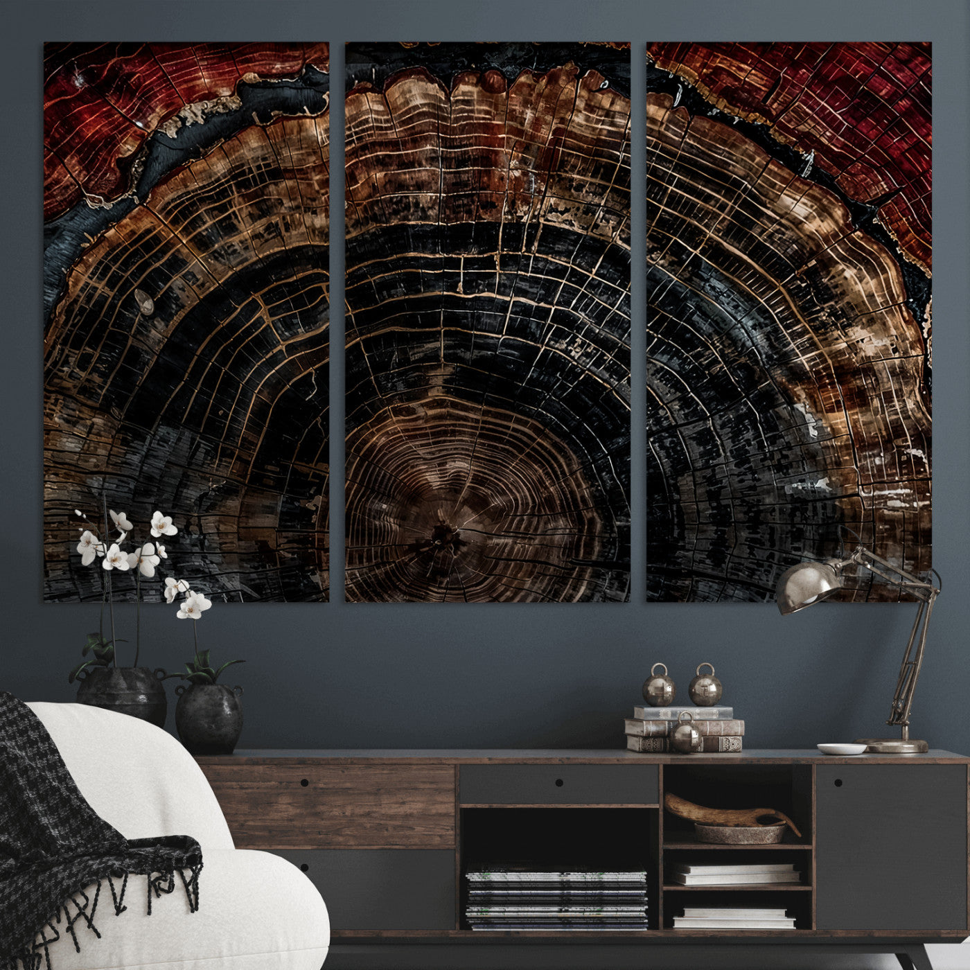Dark Wood Wall Art Print - Petrified Tree Canvas Print, featuring an intricate tree ring pattern with deep earthy tones and organic textures, perfect for rustic and nature-inspired decor.