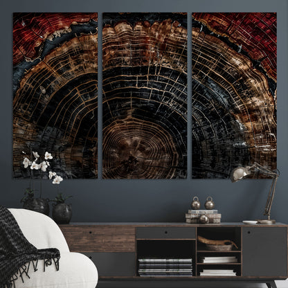 Dark Wood Wall Art Print - Petrified Tree Canvas Print, featuring an intricate tree ring pattern with deep earthy tones and organic textures, perfect for rustic and nature-inspired decor.