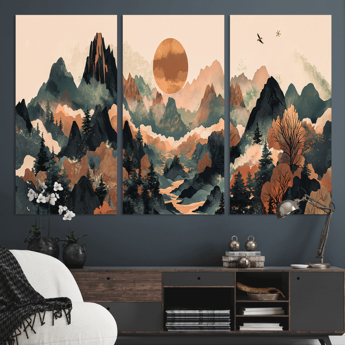 Mountain Landscape Wall Art Print - Sunset Hills Canvas Print, featuring an abstract nature scene with earthy tones and misty peaks, perfect for boho and modern decor.