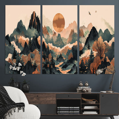 Mountain Landscape Wall Art Print - Sunset Hills Canvas Print, featuring an abstract nature scene with earthy tones and misty peaks, perfect for boho and modern decor.