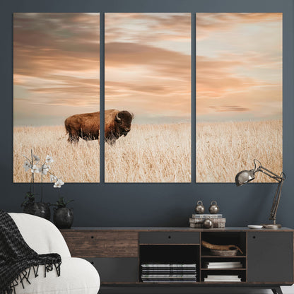Bison Wall Art Print - Buffalo Canvas Print, featuring a lone bison in a golden prairie under a warm sunset sky, perfect for rustic and farmhouse decor.