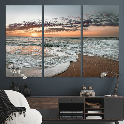 Ocean Sunset Wall Art Print - Beach Waves Canvas Print, featuring a serene seascape with golden sunlight reflecting on gentle waves, perfect for coastal and minimalist decor.