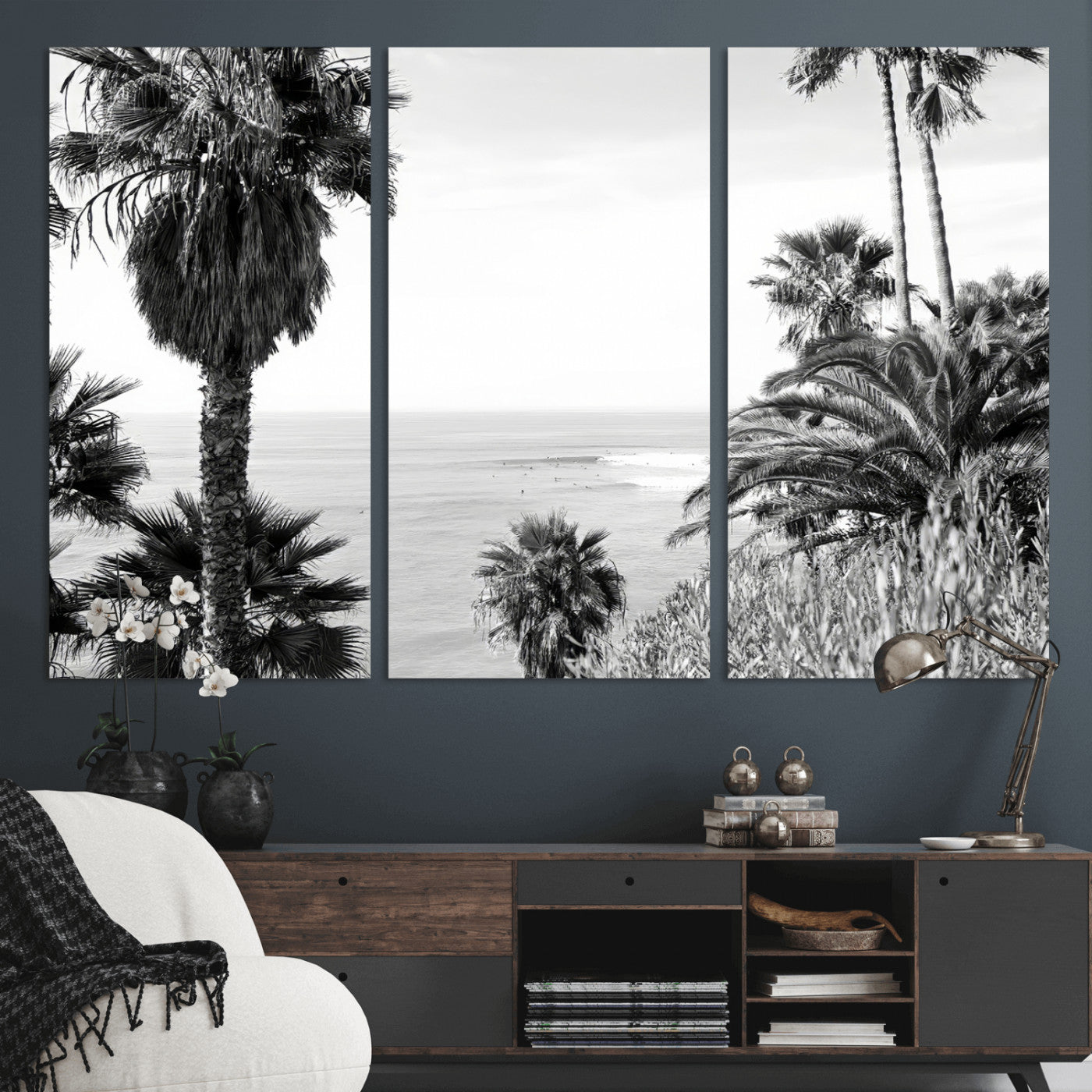 Monochrome canvas of palm trees framing a coastal surf scene, perfect for California-inspired or retro black-and-white beach decor.