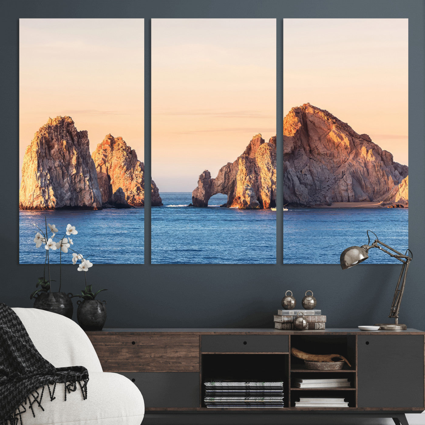 Framed canvas of El Arco rock formation in Cabo San Lucas at golden hour, ideal for coastal landmark or ocean-inspired decor.