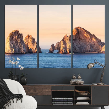 Framed canvas of El Arco rock formation in Cabo San Lucas at golden hour, ideal for coastal landmark or ocean-inspired decor.