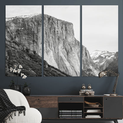 Monochrome canvas of El Capitan’s granite wall in Yosemite with snowy peaks, ideal for dramatic mountain or black-and-white nature decor.