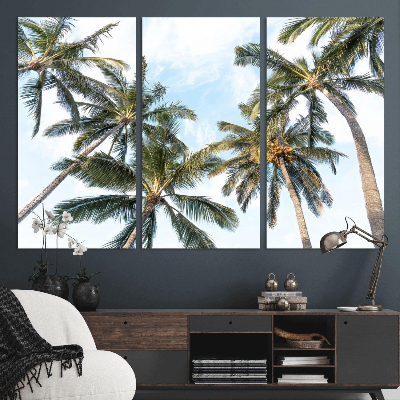 Framed canvas of tall palm trees reaching into a tropical sky, ideal for beach home or relaxed island-inspired wall decor.