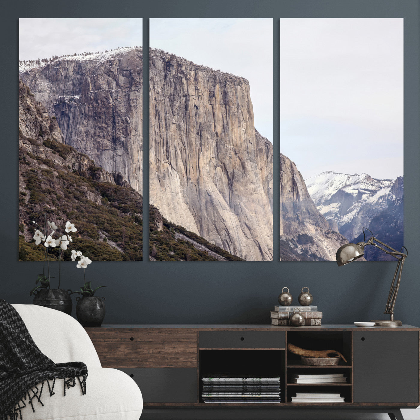 Framed canvas of El Capitan’s vertical granite face in Yosemite with snowy peaks, ideal for Sierra minimalism or mountain-inspired decor.