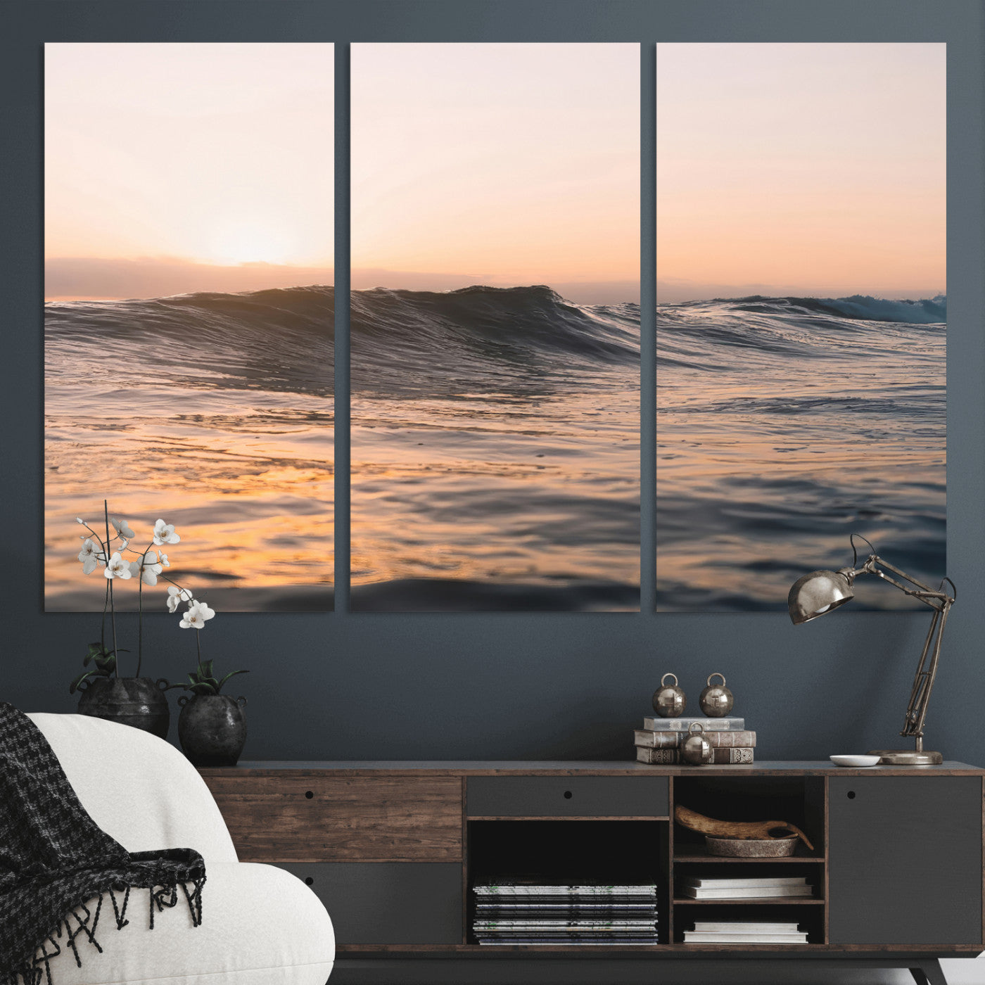 Framed canvas of ocean waves glowing in sunset light, ideal for golden hour calm or peaceful coastal-inspired wall decor.