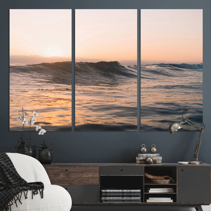 Framed canvas of ocean waves glowing in sunset light, ideal for golden hour calm or peaceful coastal-inspired wall decor.