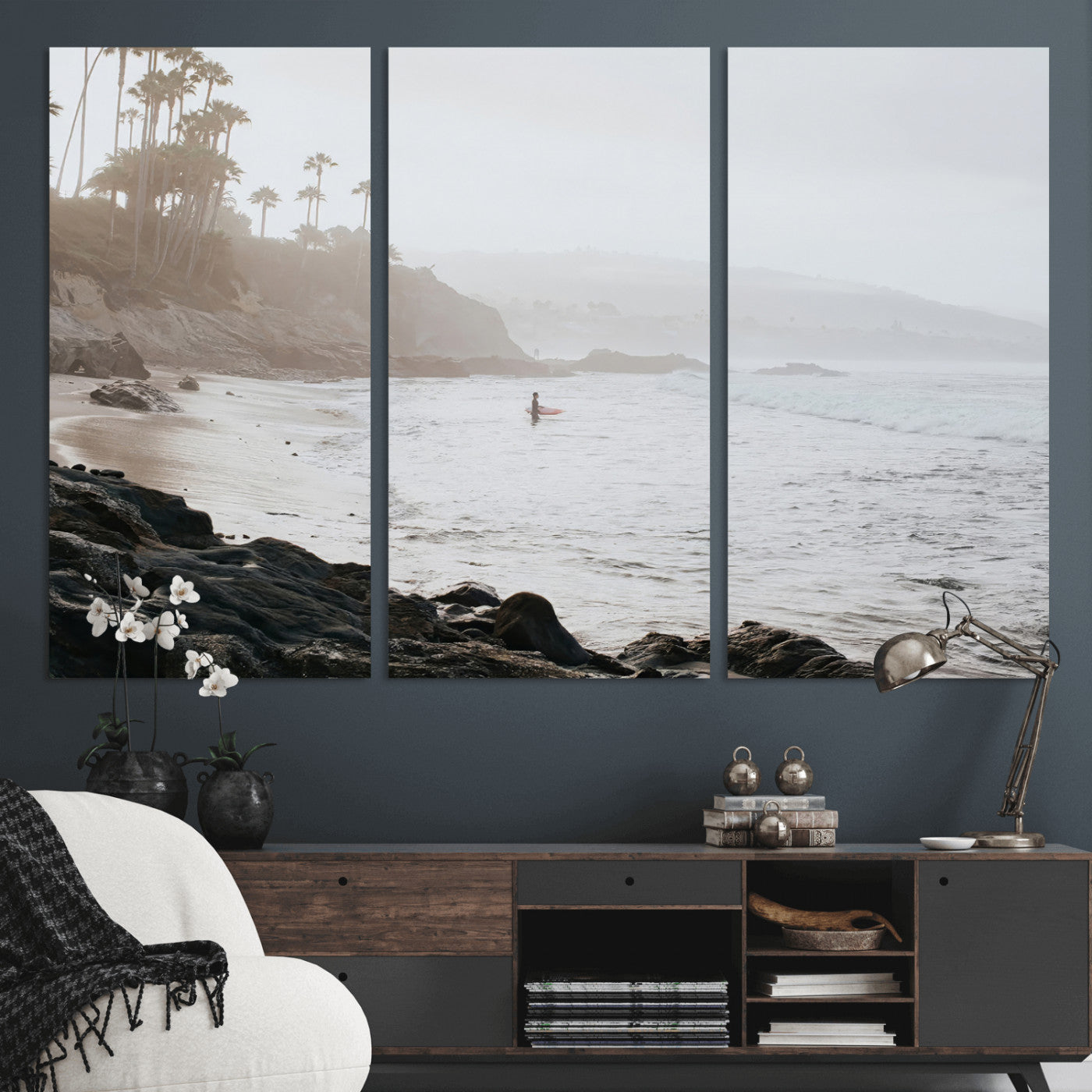 Framed canvas of a surfer in misty coastal tones at a foggy California beach, ideal for minimalist coastal beach or serene ocean-themed decor.
