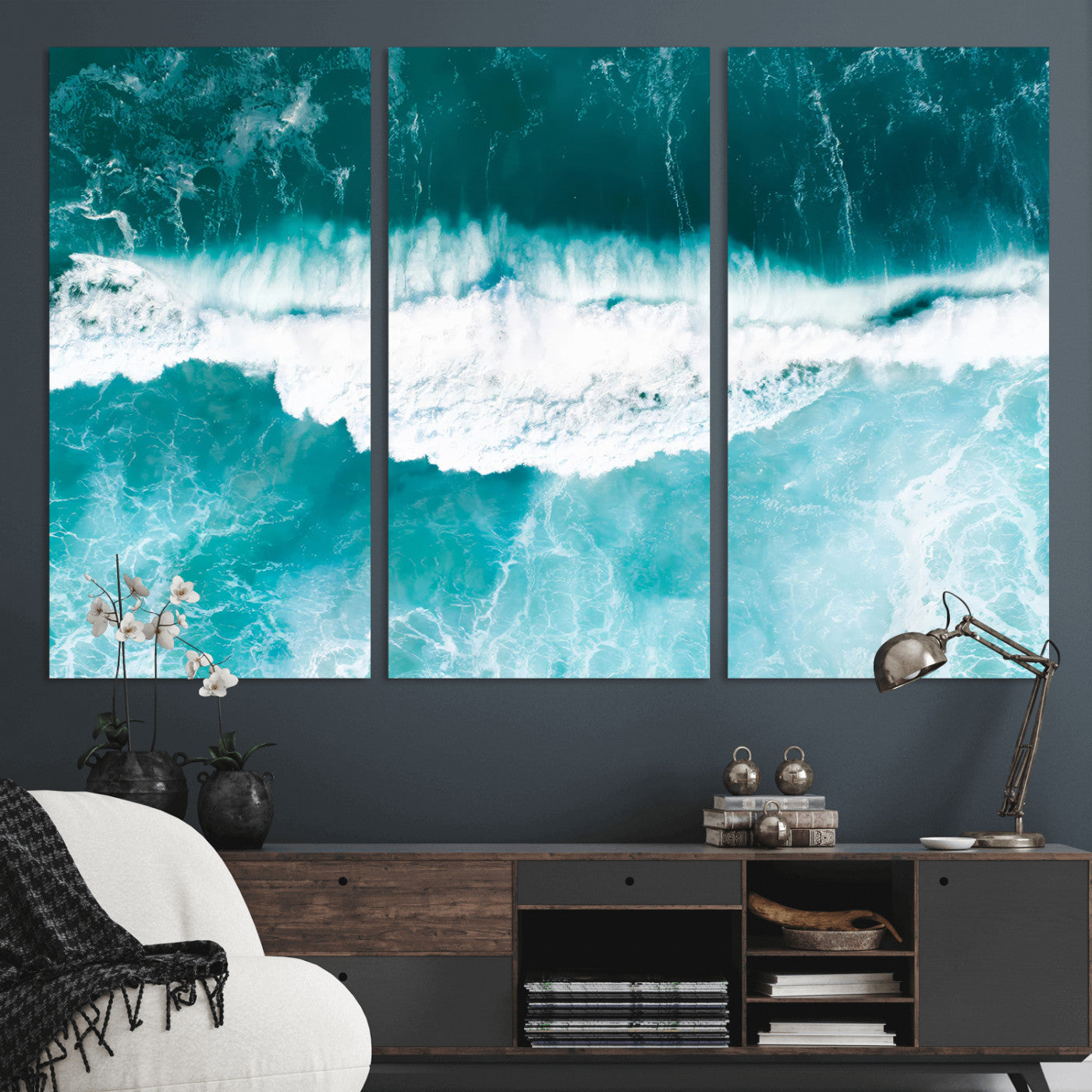 Aerial view of turquoise ocean waves crashing with white foam, perfect for tropical coastal or modern beach-style home decor.