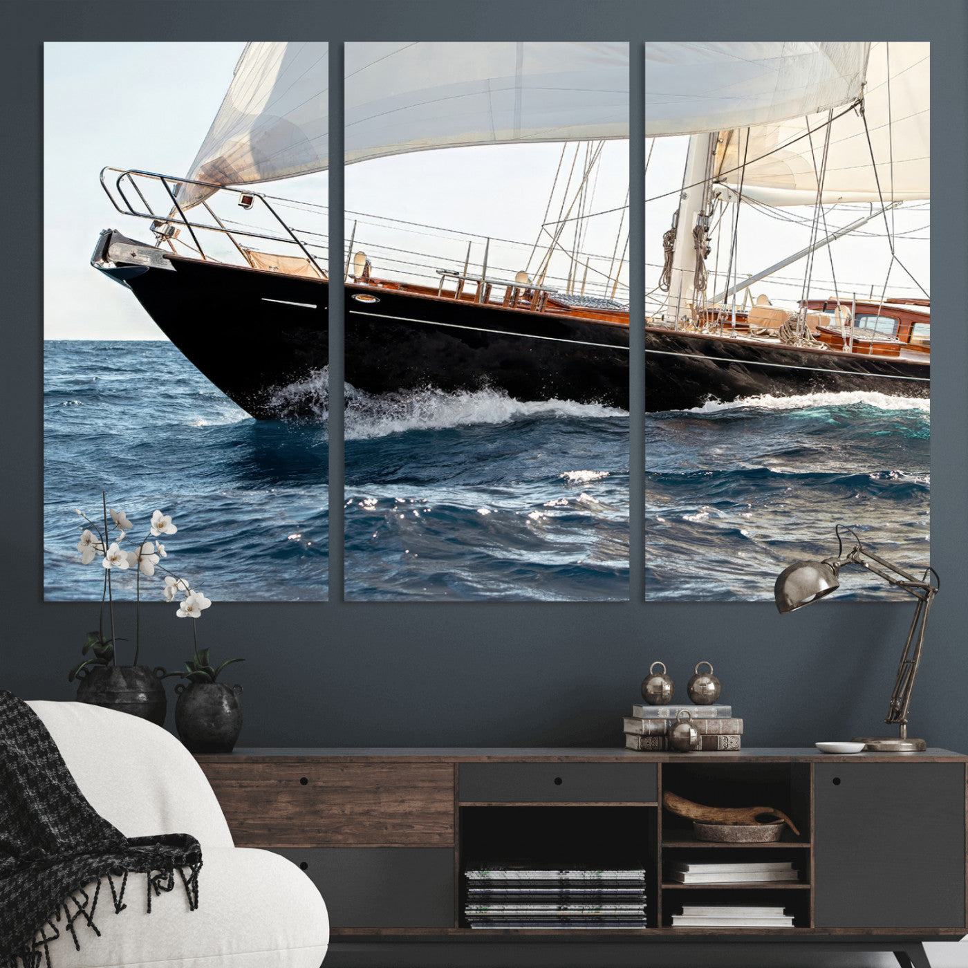Close-up of a classic sailing yacht with wooden deck and full sails, perfect for nautical or coastal-style decor in ocean-themed spaces.