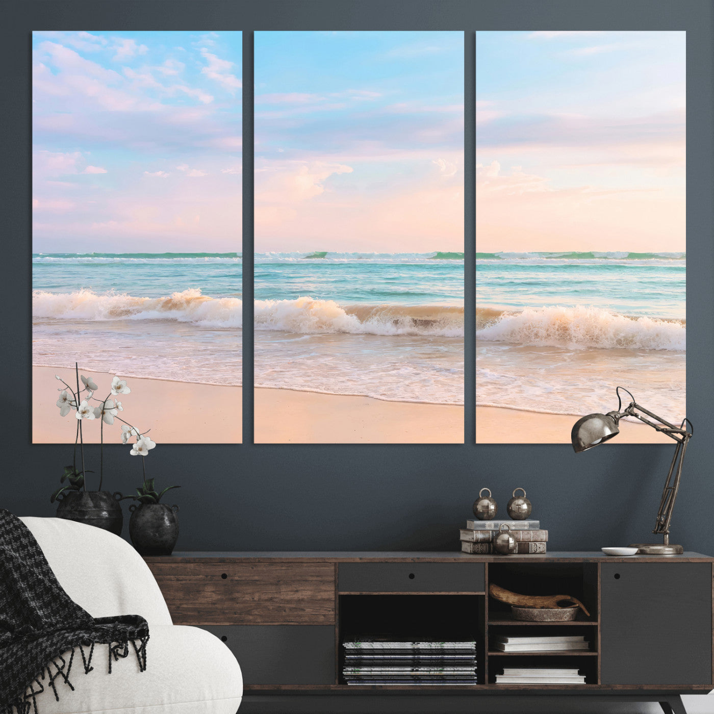 Pastel-toned ocean waves under soft sunset skies, ideal for pastel coastal or serene beach-style home decor.