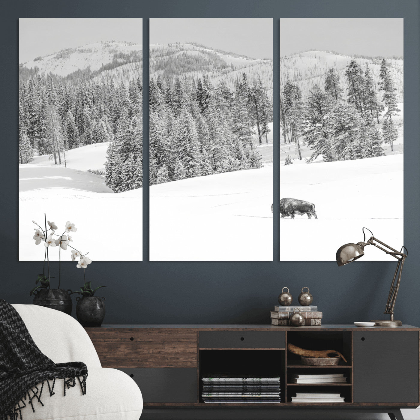 Snowy bison walking through white forest landscape, ideal for monochrome winter or wilderness-style interior wall decoration.