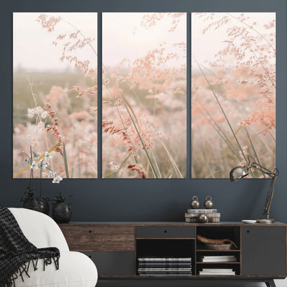 Soft pastel field with wild grasses in warm light, ideal for minimal nature or airy countryside-inspired interior wall decoration.